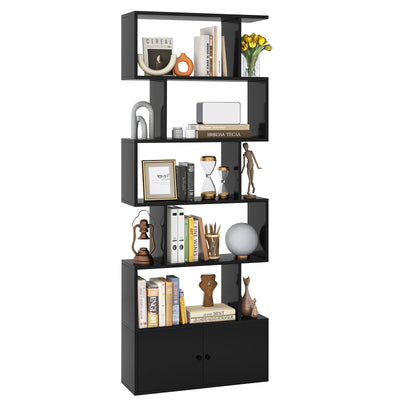 6-Tier S-Shaped Freestanding Bookshelf with Cabinet and Doors-Black