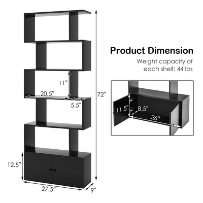 6-Tier S-Shaped Freestanding Bookshelf with Cabinet and Doors-Black