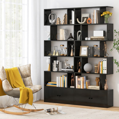 6-Tier S-Shaped Freestanding Bookshelf with Cabinet and Doors-Black