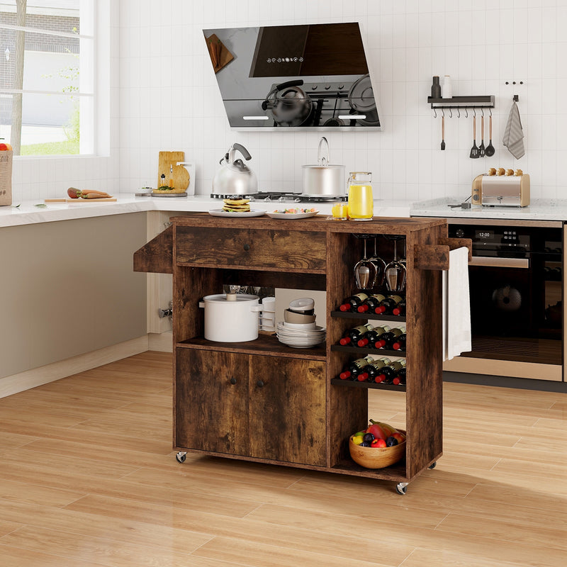 Drop Leaf Mobile Kitchen Island Cart with Power Outlet and Adjustable Shelf-Rustic Brown