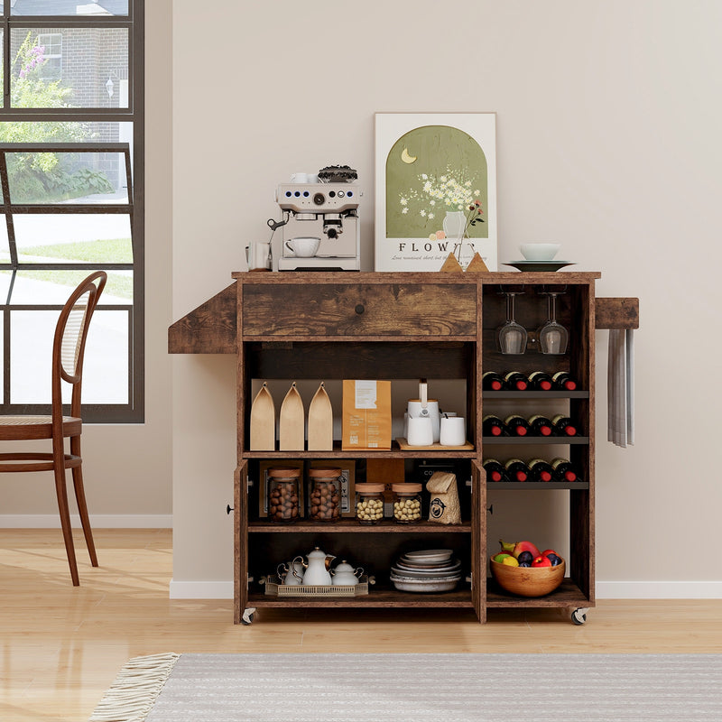 Drop Leaf Mobile Kitchen Island Cart with Power Outlet and Adjustable Shelf-Rustic Brown