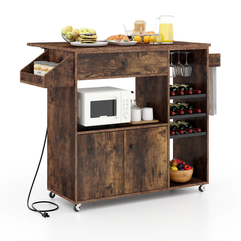 Drop Leaf Mobile Kitchen Island Cart with Power Outlet and Adjustable Shelf-Rustic Brown