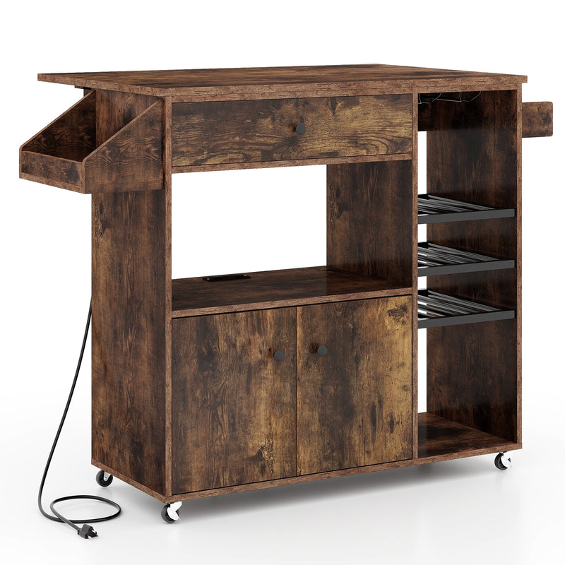 Drop Leaf Mobile Kitchen Island Cart with Power Outlet and Adjustable Shelf-Rustic Brown