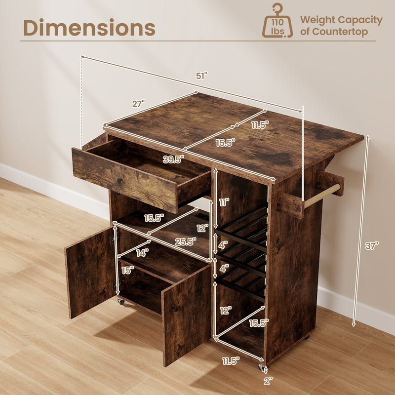 Drop Leaf Mobile Kitchen Island Cart with Power Outlet and Adjustable Shelf-Rustic Brown