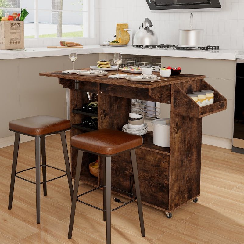 Drop Leaf Mobile Kitchen Island Cart with Power Outlet and Adjustable Shelf-Rustic Brown