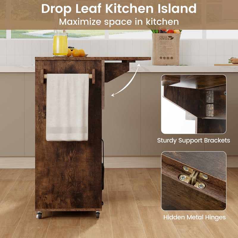 Drop Leaf Mobile Kitchen Island Cart with Power Outlet and Adjustable Shelf-Rustic Brown