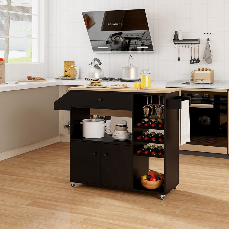 Drop Leaf Mobile Kitchen Island Cart with Power Outlet and Adjustable Shelf-Black and Natural