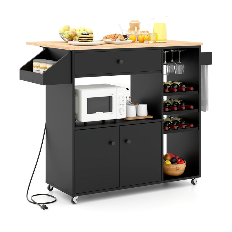 Drop Leaf Mobile Kitchen Island Cart with Power Outlet and Adjustable Shelf-Black and Natural