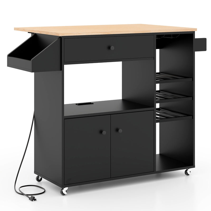 Drop Leaf Mobile Kitchen Island Cart with Power Outlet and Adjustable Shelf-Black and Natural