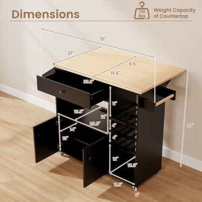 Drop Leaf Mobile Kitchen Island Cart with Power Outlet and Adjustable Shelf-Black and Natural