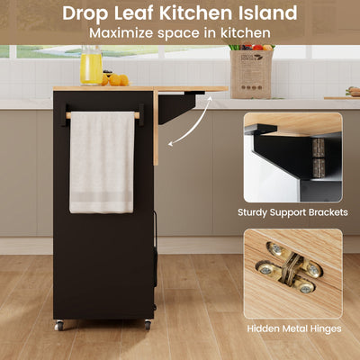 Drop Leaf Mobile Kitchen Island Cart with Power Outlet and Adjustable Shelf-Black and Natural