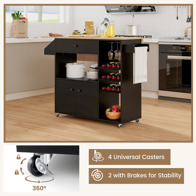 Drop Leaf Mobile Kitchen Island Cart with Power Outlet and Adjustable Shelf-Black and Natural