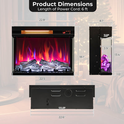 23 Inch 3-Sided Electric Fireplace 1500W Recessed Fireplace Insert-Black