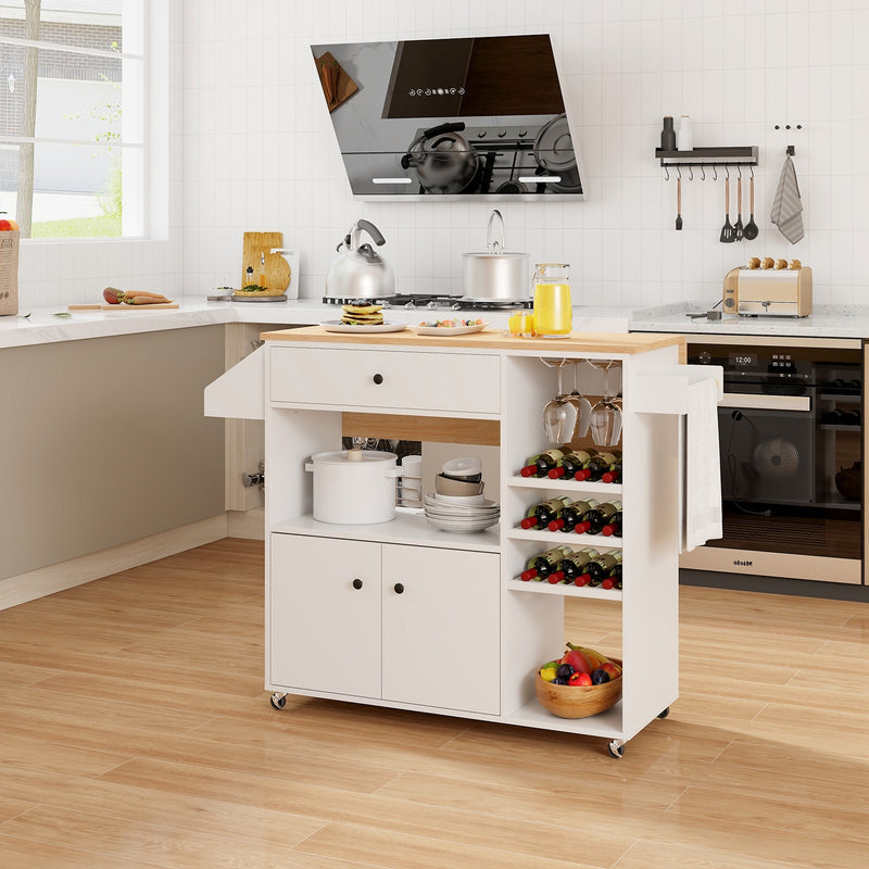 Drop Leaf Mobile Kitchen Island Cart with Power Outlet and Adjustable Shelf-White