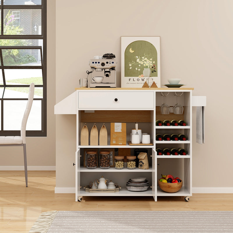 Drop Leaf Mobile Kitchen Island Cart with Power Outlet and Adjustable Shelf-White