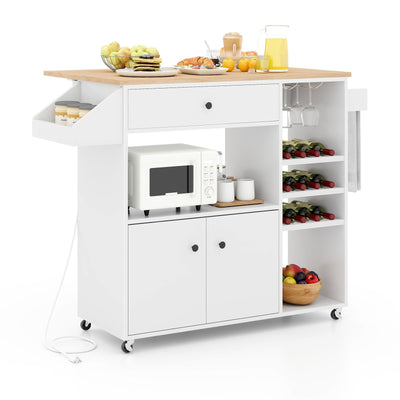 Drop Leaf Mobile Kitchen Island Cart with Power Outlet and Adjustable Shelf-White