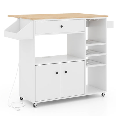 Drop Leaf Mobile Kitchen Island Cart with Power Outlet and Adjustable Shelf-White