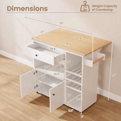 Drop Leaf Mobile Kitchen Island Cart with Power Outlet and Adjustable Shelf-White