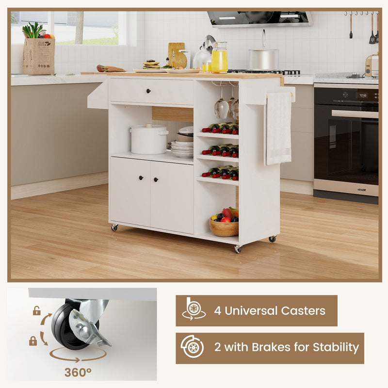 Drop Leaf Mobile Kitchen Island Cart with Power Outlet and Adjustable Shelf-White