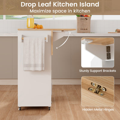 Drop Leaf Mobile Kitchen Island Cart with Power Outlet and Adjustable Shelf-White