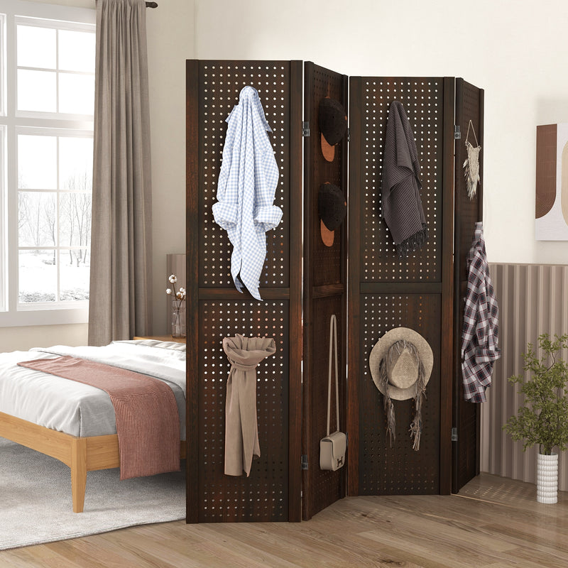 4-Panel Pegboard Display 5 Feet Tall Folding Privacy Screen-Brown