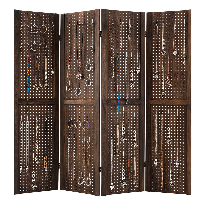 4-Panel Pegboard Display 5 Feet Tall Folding Privacy Screen-Brown