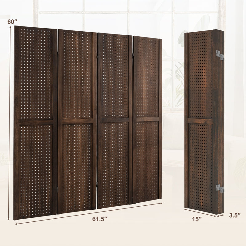 4-Panel Pegboard Display 5 Feet Tall Folding Privacy Screen-Brown