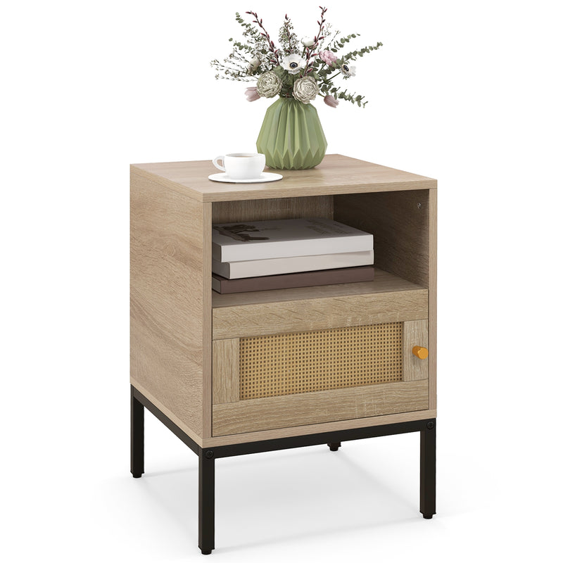 Home Boho Style Accent Table with Open Shelf and 1 Door Cabinet-Natural