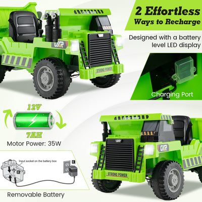 Kids Ride on Dump Truck 12V Ride on Car with Electric Dump Bed-Green