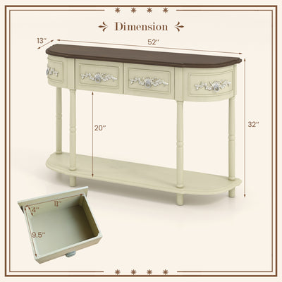 Retro Curved Console Table with Drawers and Solid Wood Legs-Beige