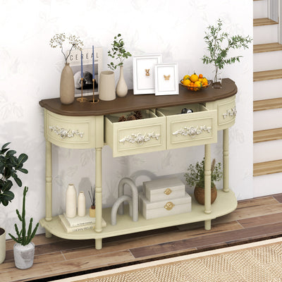 Retro Curved Console Table with Drawers and Solid Wood Legs-Beige