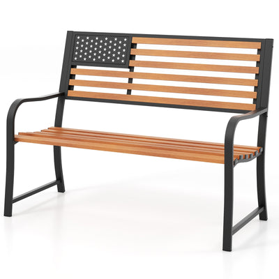 50 Inch Outdoor Garden Bench with Flag Pattern Backrest and Rustic Wood Grain Finish-Brown