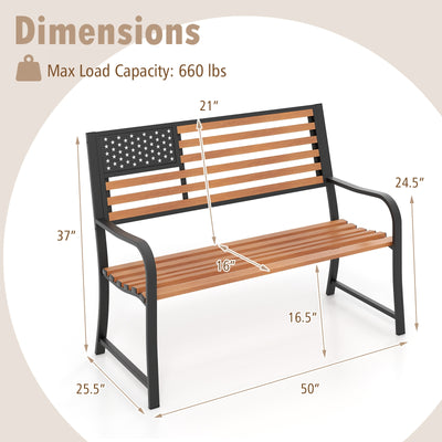 50 Inch Outdoor Garden Bench with Flag Pattern Backrest and Rustic Wood Grain Finish-Brown