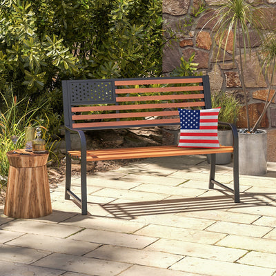 50 Inch Outdoor Garden Bench with Flag Pattern Backrest and Rustic Wood Grain Finish-Brown