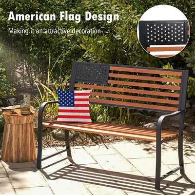 50 Inch Outdoor Garden Bench with Flag Pattern Backrest and Rustic Wood Grain Finish-Brown