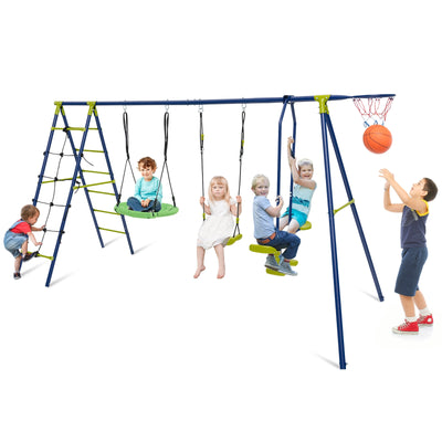 550 LBS 6-in-1 Patio Kids Swing Set with Climbing Net and Ladder-Green