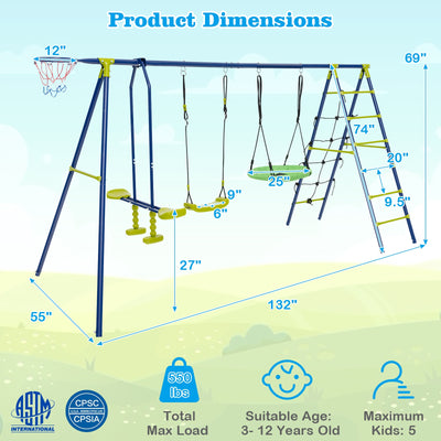 550 LBS 6-in-1 Patio Kids Swing Set with Climbing Net and Ladder-Green