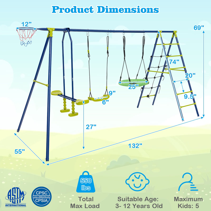 550 LBS 6-in-1 Patio Kids Swing Set with Climbing Net and Ladder-Green