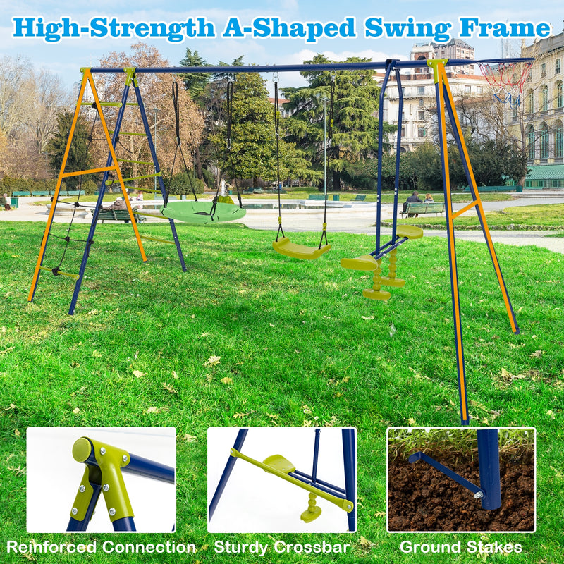 550 LBS 6-in-1 Patio Kids Swing Set with Climbing Net and Ladder-Green