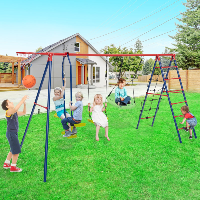 550 LBS 6-in-1 Patio Kids Swing Set with Climbing Net and Ladder-Red