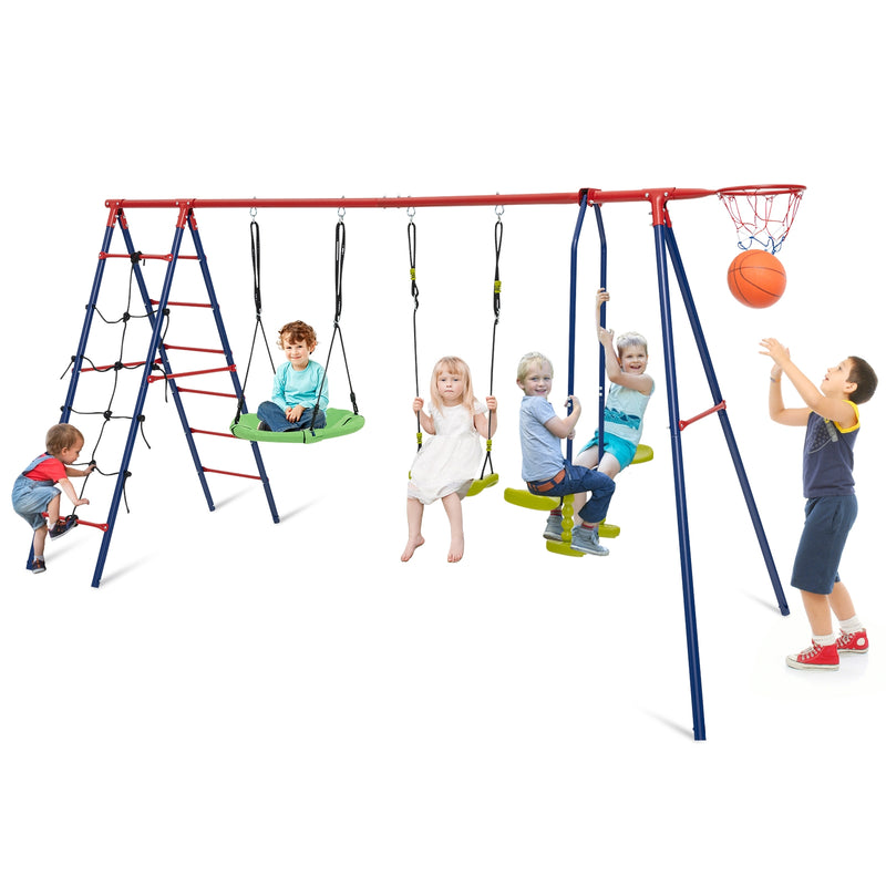 550 LBS 6-in-1 Patio Kids Swing Set with Climbing Net and Ladder-Red