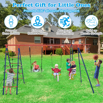 550 LBS 6-in-1 Patio Kids Swing Set with Climbing Net and Ladder-Red