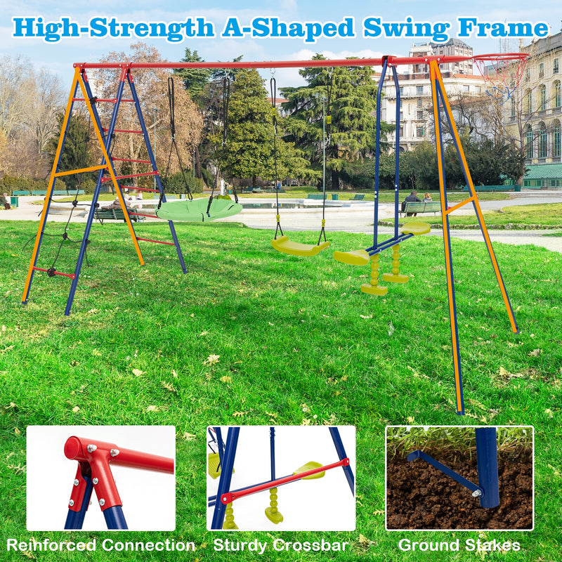 550 LBS 6-in-1 Patio Kids Swing Set with Climbing Net and Ladder-Red