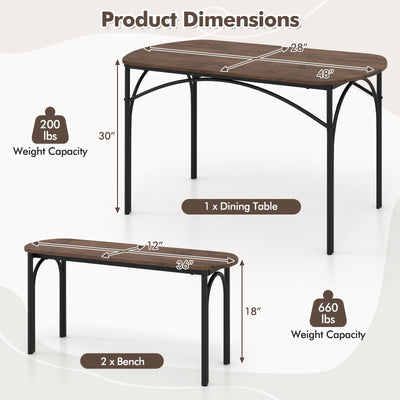 3-Piece Dining Table Set for 4 with Metal Frame-Brown