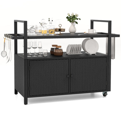 Outdoor Bar Cart Rolling Wicker Buffet Serving Cart with Tempered Glass Top Storage Cabinet and 8 Hooks