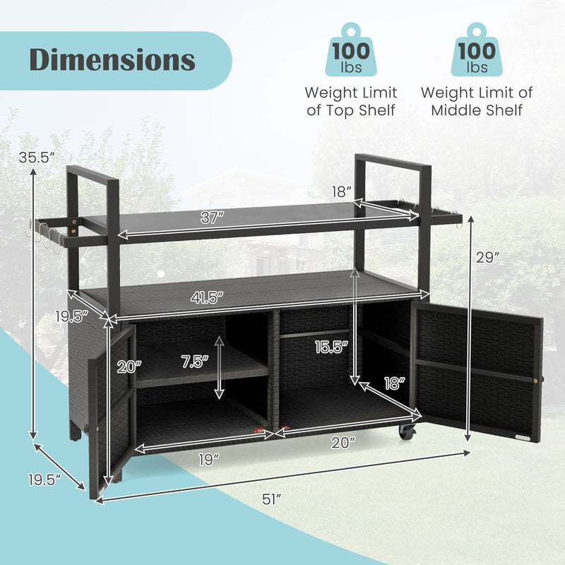 Outdoor Bar Cart Rolling Wicker Buffet Serving Cart with Tempered Glass Top Storage Cabinet and 8 Hooks