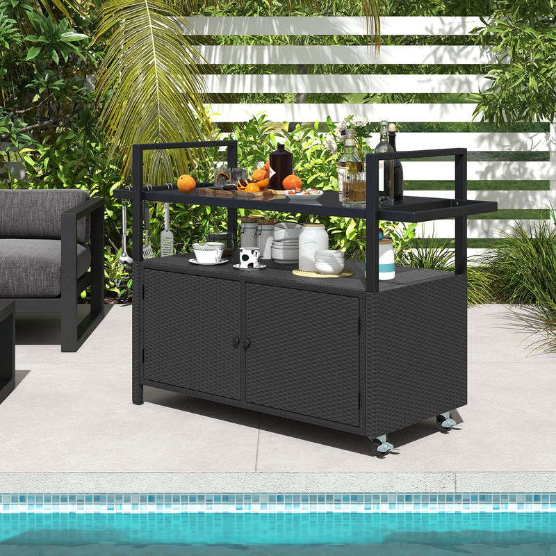 Outdoor Bar Cart Rolling Wicker Buffet Serving Cart with Tempered Glass Top Storage Cabinet and 8 Hooks