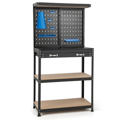 Tool Storage Workbench with Pegboard with 14 Hanging Accessories for Garage-Black and Blue