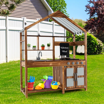 Kid's Mud Kitchen Outdoor Solid Wood Mud Kitchen with Canopy-Natural