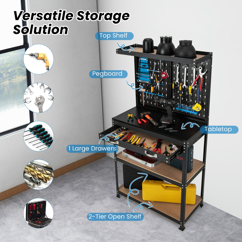 Tool Storage Workbench with Pegboard with 14 Hanging Accessories for Garage-Black and Blue